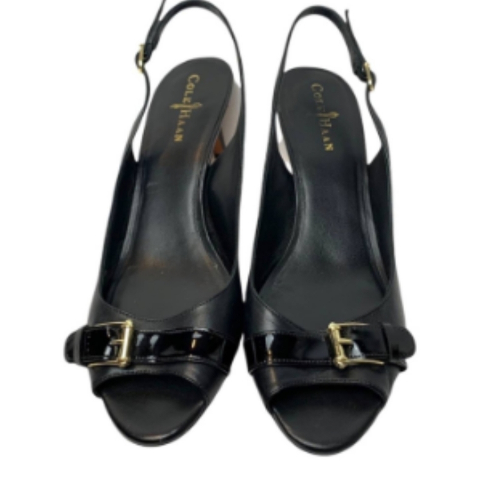 Beautiful Cole Haan Nike Air Black Leather Buckled Peep Toe Slingback Size 6.5.